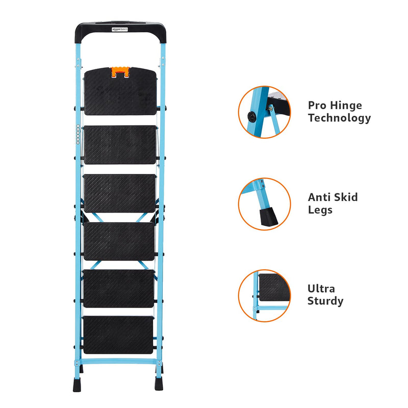 amazon basics - Foldable Step Ladder with Tool Tray, Safety-Clutch Lock, Ribbed Steps, Anti-Skid Rubber Shoes, 6 Steps (Iron Ladder, Black & Blue)
