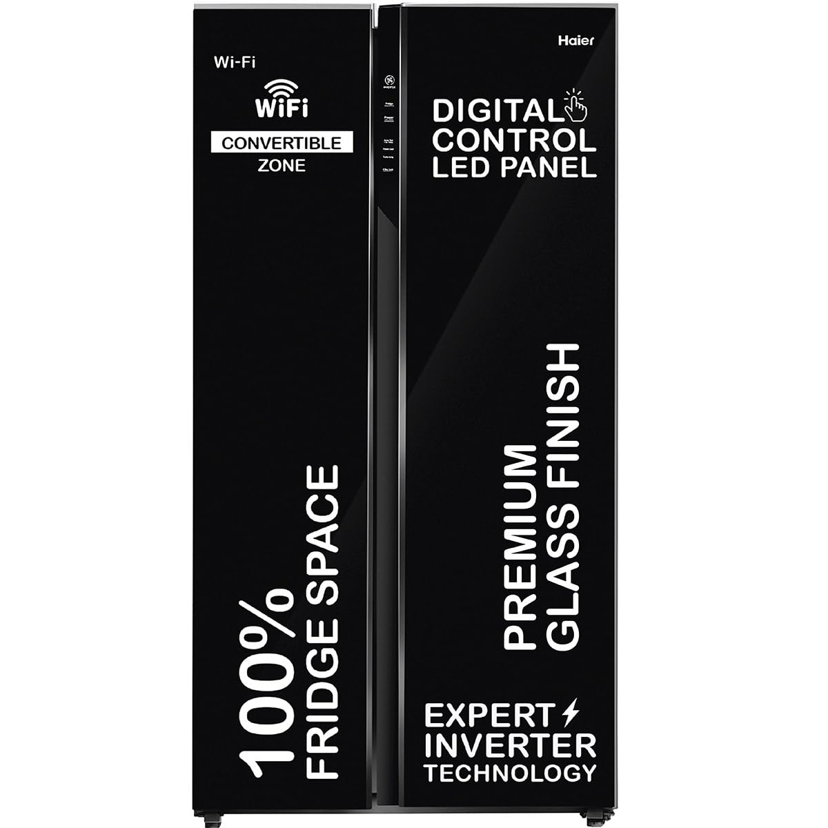 Haier 602L 3Star 2 Door Premium Glass Side by Side Frost Free Refrigerator|100% Convertible|Wi-Fi|Expert Inverter Technology|Digital Display Panel|Triple Twist Ice Maker (HRS-682KGU1, Black Glass)
