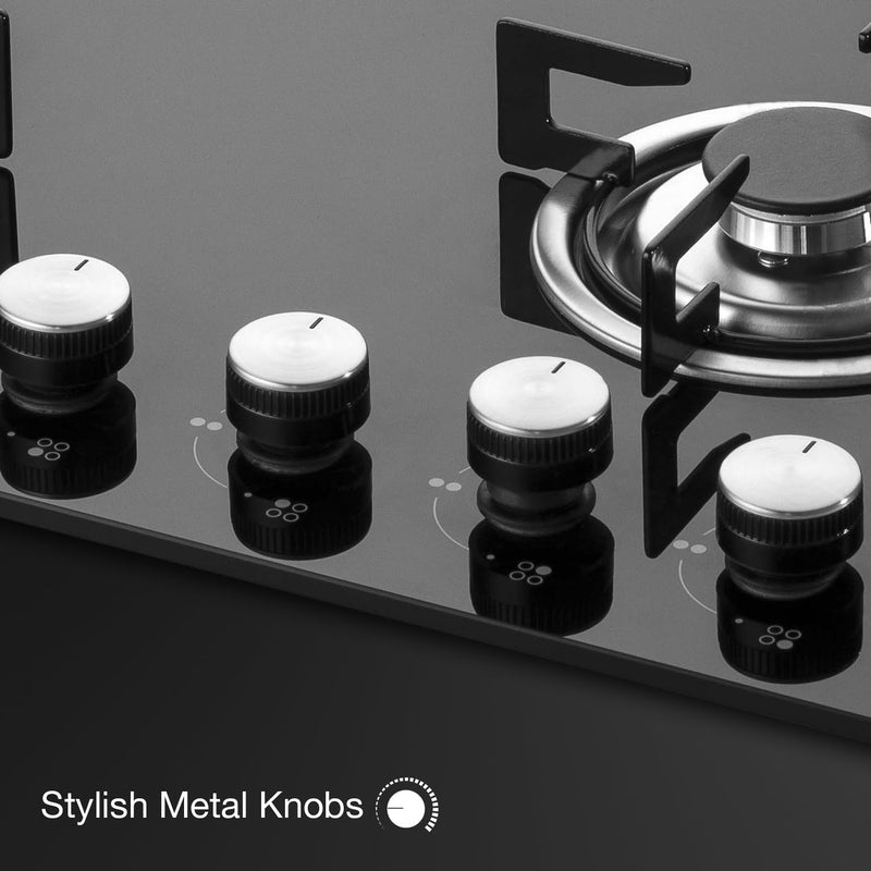 KAFF Built-in Hob/Hobtop 4 Burners, Auto Electric Ignition Glass Top, 60 CM, Italian Burner, Enamelled Matt Finish, Easy Grip Knobs, 8 MM Thick Toughened Glass Black(NE4B60GFX)