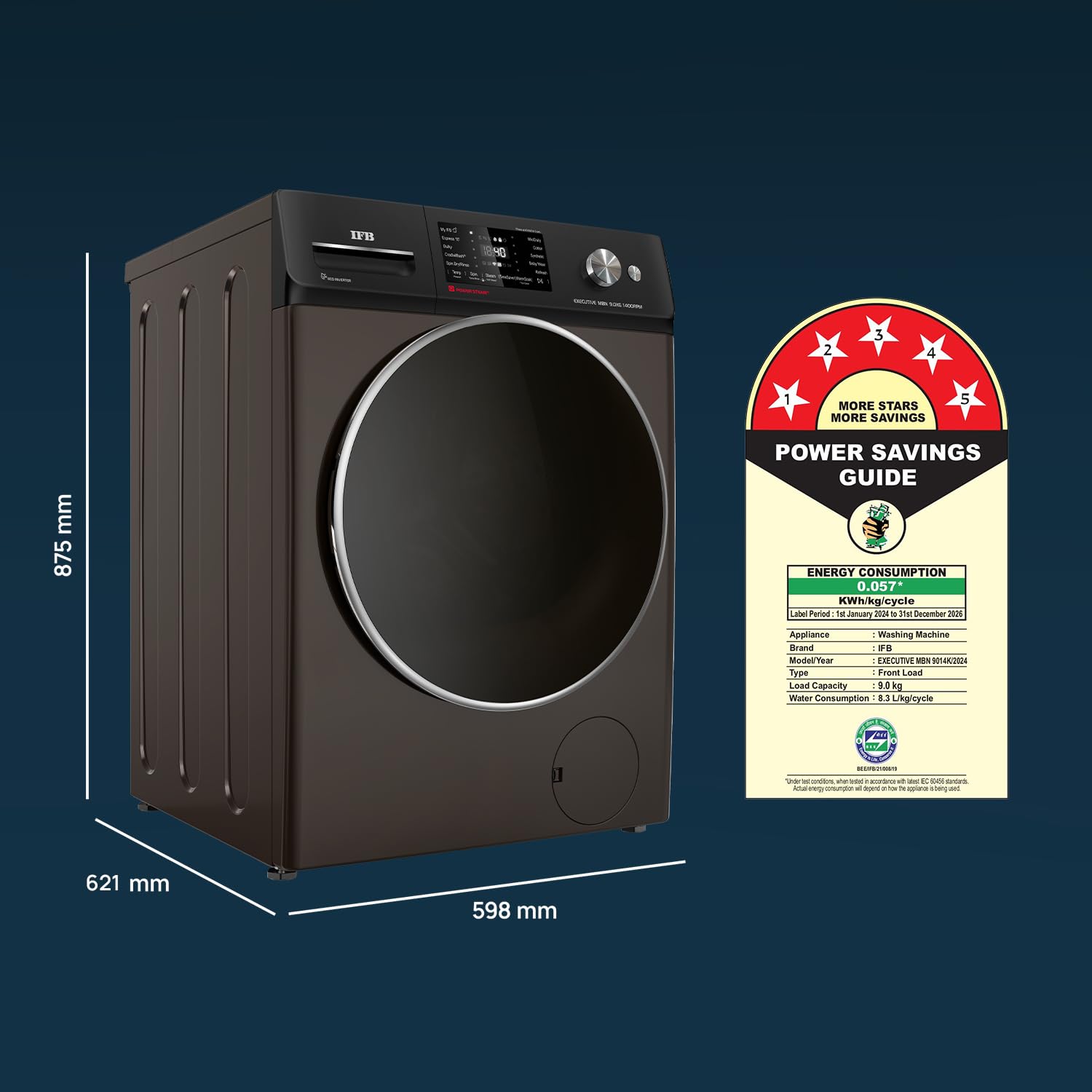 IFB 9 Kg 5 Star Powered by AI with 9 Swirl Wash, WiFi, Fully Automatic Front Load Washing Machine (Executive MBN 9014K, Steam Refresh Program with Eco Inverter, Mocha)