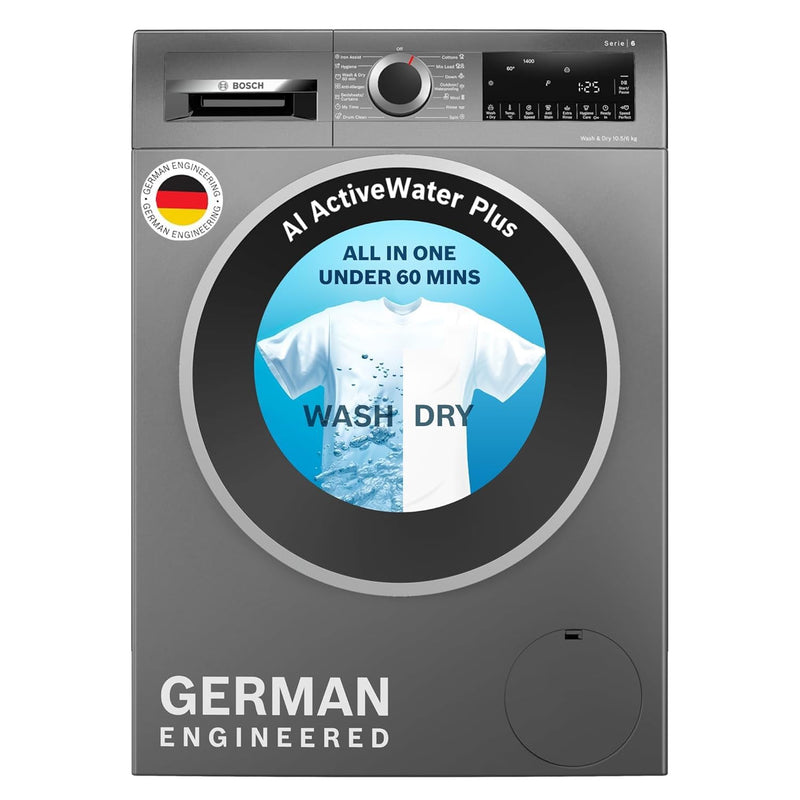 Bosch 10.5/6 KG Inverter Fully Automatic Front Load Washer Dryer (2025 Model, WNA2E4UCIN, 1400 RPM, 14 Wash Programs, LED touch display, Wash & Dry in 60 Mins, Cast Iron Grey)