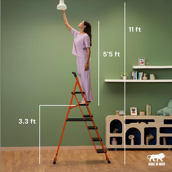 BonKaso Premium Steel Multipurpose Climb Easy Anti-Slip 6-Step Foldable Ladder with Safety Clutch Lock, Support Handle and Tool Tray for Home - (Orang