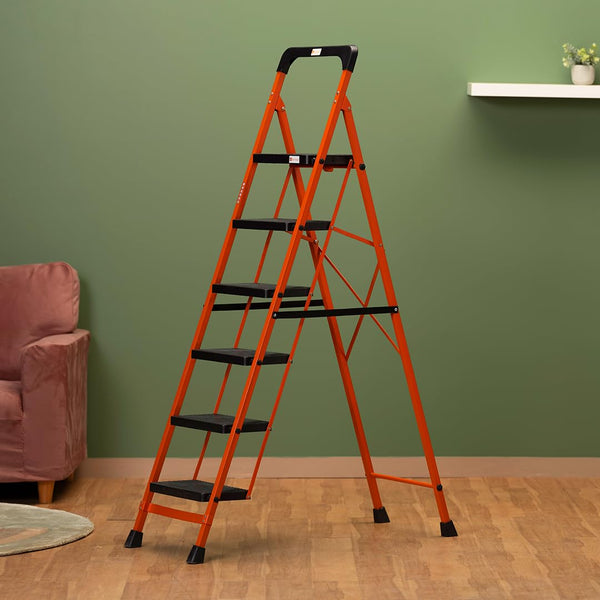 BonKaso Climb Steady Premium Alloy Steel Heavy Duty Multipurpose Foldable 6 Step Ladder with Connecting Frame & Belt Support for Home and Outdoor - (O
