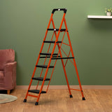 BonKaso Premium Steel Multipurpose Climb Easy Anti-Slip 6-Step Foldable Ladder with Safety Clutch Lock, Support Handle and Tool Tray for Home - (Orang