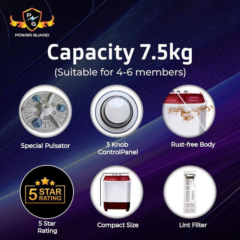 Power Guard 7 kg 5 Star Semi-Automatic Top Loading Washing Machine Appliance (2024 Model,PG70WM-BG-OP, Burgundy, Powerful Motor, Effective Wash Pulsator,Air Turbo Drying,1380 RPM & Castors)