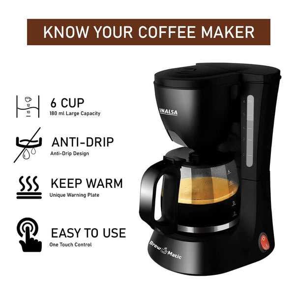 INALSA 6 Cups 650-Watt Coffee Maker with Anti Drip & Keep Warm Function| Reusable Coffee Filter(Brew Matic)