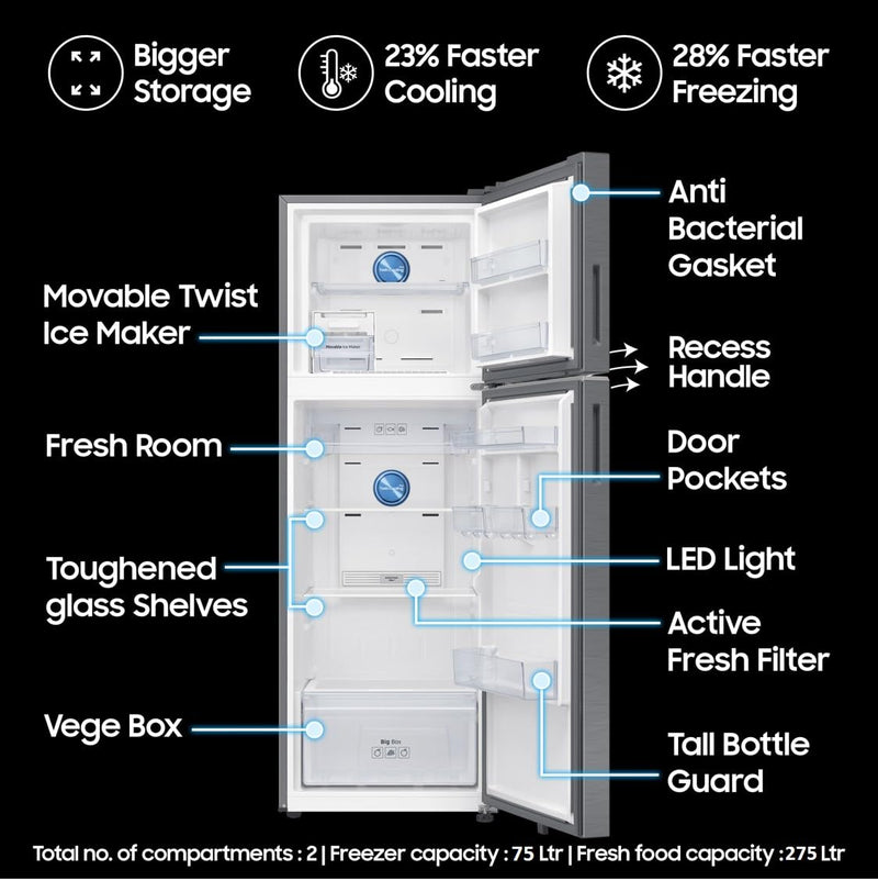 Samsung 350 L, 3 Star, Frost Free Double Door Refrigerator (RT38DG5A4DS8HL, Elegant Inox, Silver)