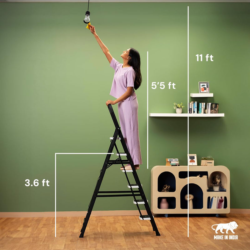 BonKaso Premium Alloy Steel Heavy Duty Multipurpose Foldable 6 Step Ladder with Connecting Frame & Belt Support for Home and Outdoor - (Black)