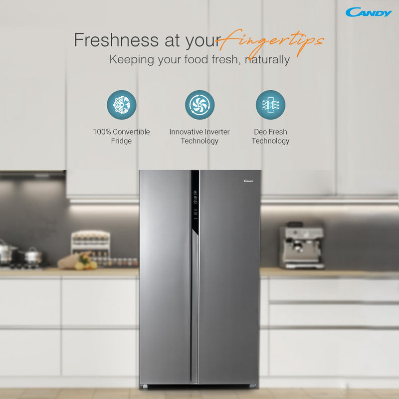 CANDY 602 L Frost Free Side by Side Refrigerator with 100% Convertible Technology, Digital Control Panel and Magic Convertible Cooling 2-door (Shiny Steel, CSS6600TS)