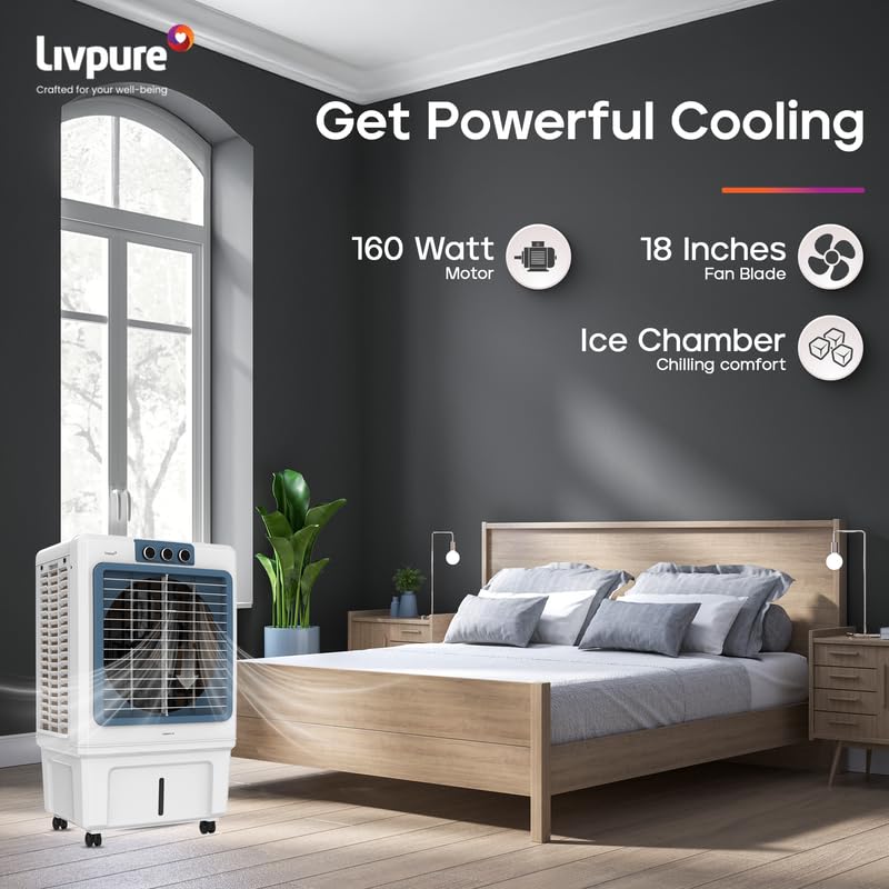Livpure Iceblast Desert Air Cooler- 115L | 18" Fan Blade | High Air Delivery | Ice Chamber | Anti-Bacterial Honeycomb Pad | 190 Watts Motor with Inverter Compatibility | 2 Years Warranty by Livpure
