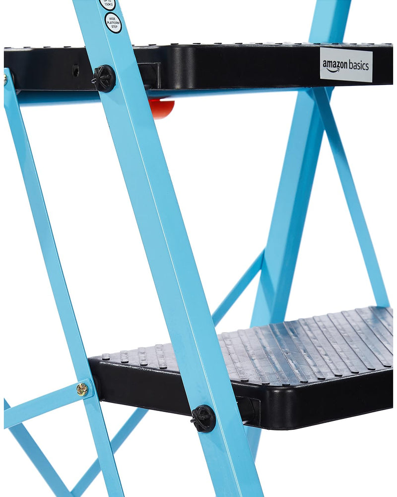 amazon basics - Foldable Step Ladder with Tool Tray, Safety-Clutch Lock, Ribbed Steps, Anti-Skid Rubber Shoes, 6 Steps (Iron Ladder, Black & Blue)