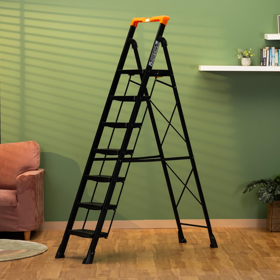 Bonkaso Alloy Steel Climb Master 7-Step Foldable Heavy Duty Ladder for Home, Indoor and Outdoor Purpose with Anti-Slip and Advanced Locking System - (