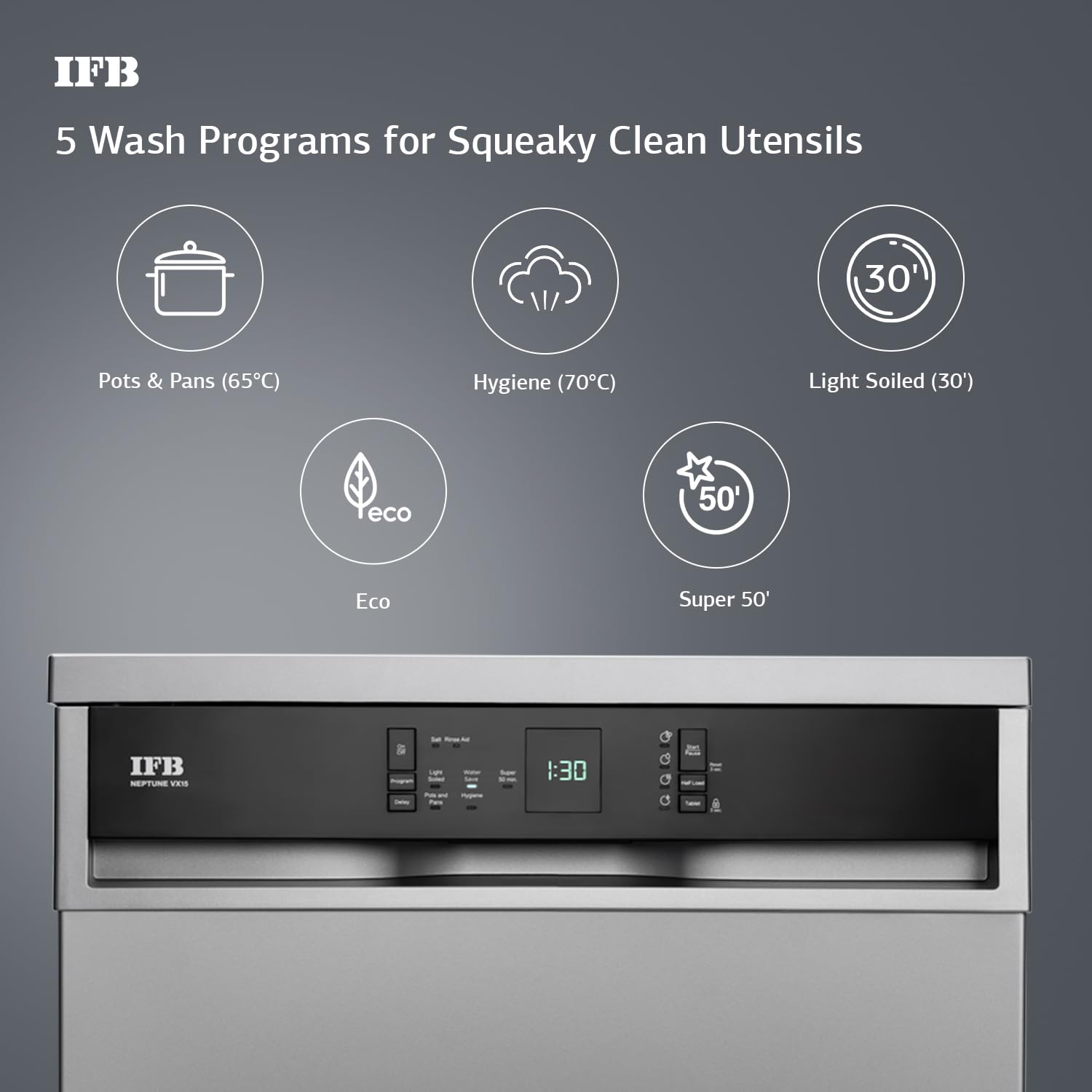 IFB 15 Place Settings with DeepClean® Technology Freestanding Dishwasher (Neptune VX15, Dark Silver, 70° Hot Water Wash with Hygienic Steam Drying, Perfect for Indian Utensils)