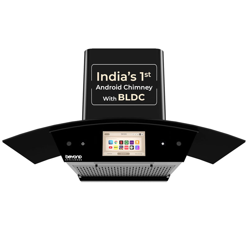 Beyond Appliances Asteria 90cm BLDC Auto Clean Kitchen Chimney | Free Installation | 1800 CMH Suction | Filterless | Curved Glass | Smart Screen & Speakers | Touch Control | Black(