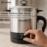 Faber 600W 1.2L Multi Cooker + Steamer|Cook Noodles, Rice, Soup, Baby Food, Boil Veggies & Eggs|Steam Momos|SS204 Container & Steamer, Egg Boiler Stand, Lid|Temp Control Knob|FMC1.2L PRO Steamer SS