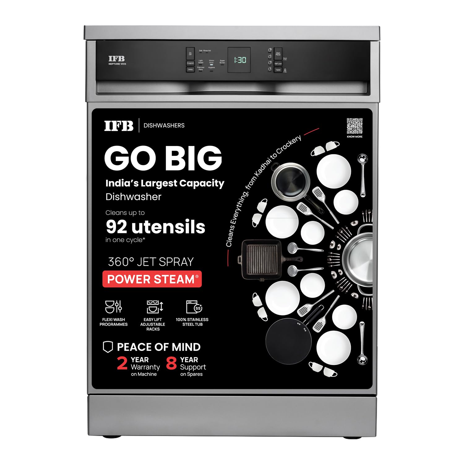 IFB 15 Place Settings with DeepClean® Technology Freestanding Dishwasher (Neptune VX15, Dark Silver, 70° Hot Water Wash with Hygienic Steam Drying, Perfect for Indian Utensils)