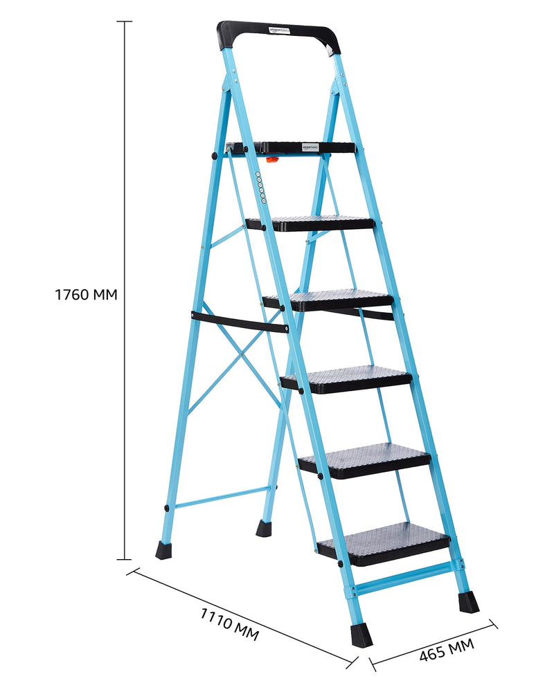 amazon basics - Foldable Step Ladder with Tool Tray, Safety-Clutch Lock, Ribbed Steps, Anti-Skid Rubber Shoes, 6 Steps (Iron Ladder, Black & Blue)