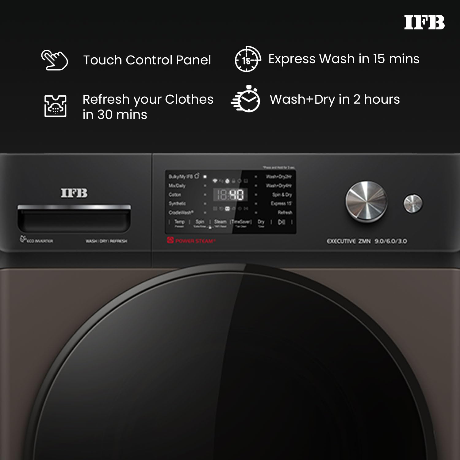 IFB 9/6/3 kg Fully Automatic Washer Dryer Refresher with Steam Refresh, AI Powered, 100% Dry Clothes, 9 Swirl Wash Mimic Handwashing, WiFi & Eco Inverter Motor (WDR Executive ZMN, Mocha)