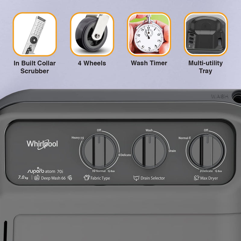 Whirlpool 7 Kg 5 Star Superb Atom Semi-Automatic Top Loading Washing Machine (SUPERB ATOM 70I Grey Dazzle, TurboScrub Technology)