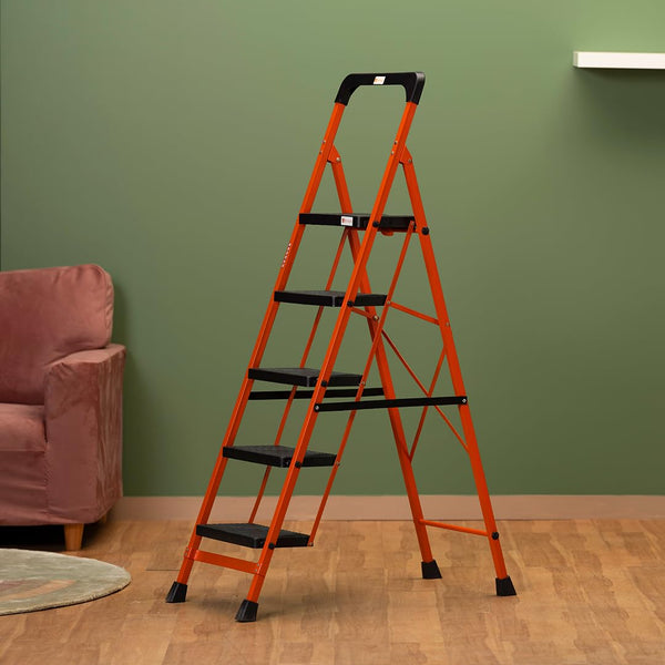 BonKaso Premium Steel Multipurpose Climb Easy Anti-Slip 5-Step Foldable Ladder with Safety Clutch Lock, Support Handle and Tool Tray for Home - (Orang
