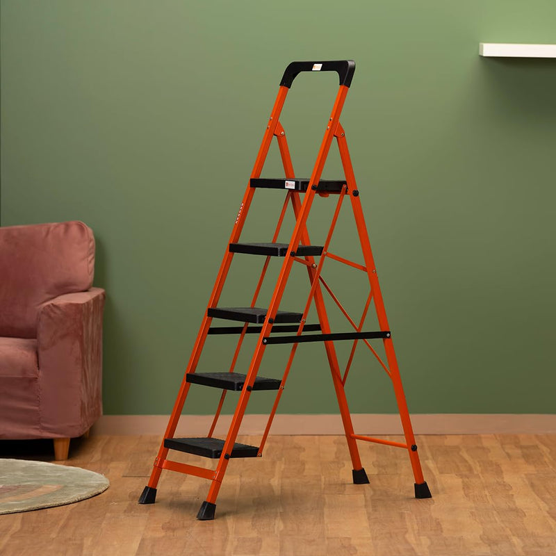 BonKaso Premium Steel Multipurpose Climb Easy Anti-Slip 5-Step Foldable Ladder with Safety Clutch Lock, Support Handle and Tool Tray for Home - (Orang
