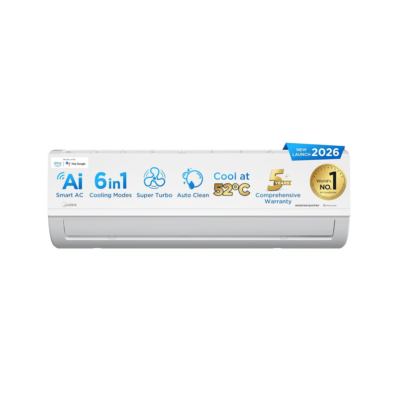 Midea Carrier 1Ton 3 Star, New Star Rated, Wifi Inverter Split AC with 6-in-1 Convertible Cooling, Turbo Mode, Heavy Duty Cooling at 52℃, Auto Clean&HD+PM 2.5 Filter(Copper, AC 1To