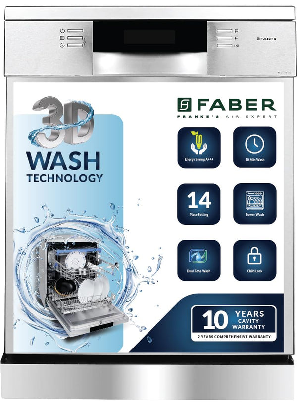Faber 14 Place Settings Free Standing Dishwasher,8 Wash Programs, LED Display, Adjustable Racks, 3D Wash for Tough Stains, FFSD 8PR 14S, Silver