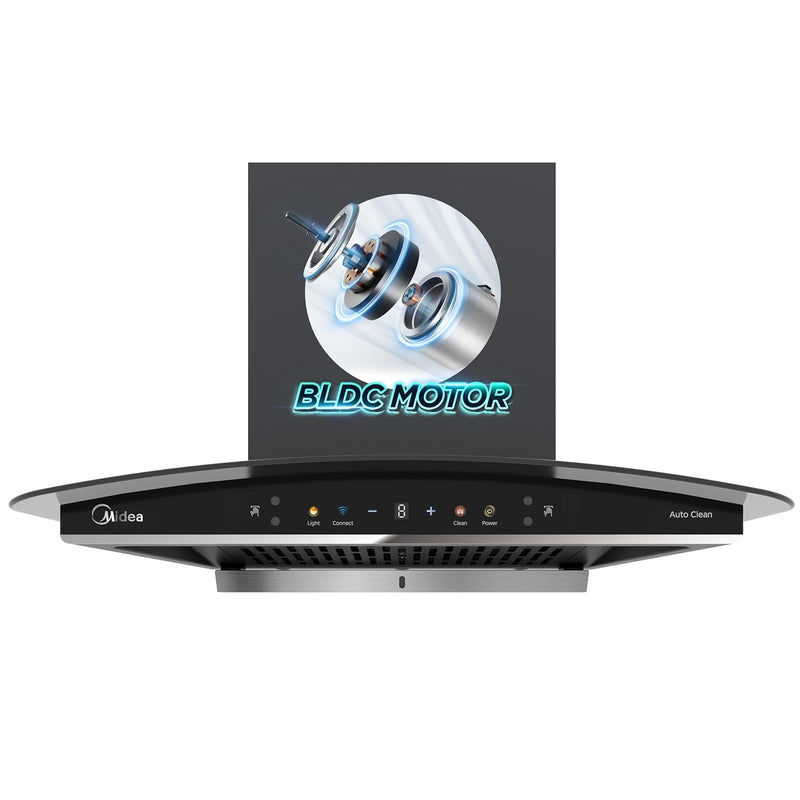 Midea Megan 60Cm Chimney, BLDC Motor, Wifi Enabled, 9 Speeds, Airflow 1600 CMH, Filterless, Touch Motion Sensor, Ultra Real Screen Display, Intelligent Auto Clean, 2year product &