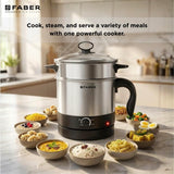 Faber 600W 1.2L Multi Cooker + Steamer|Cook Noodles, Rice, Soup, Baby Food, Boil Veggies & Eggs|Steam Momos|SS204 Container & Steamer, Egg Boiler Stand, Lid|Temp Control Knob|FMC1.2L PRO Steamer SS