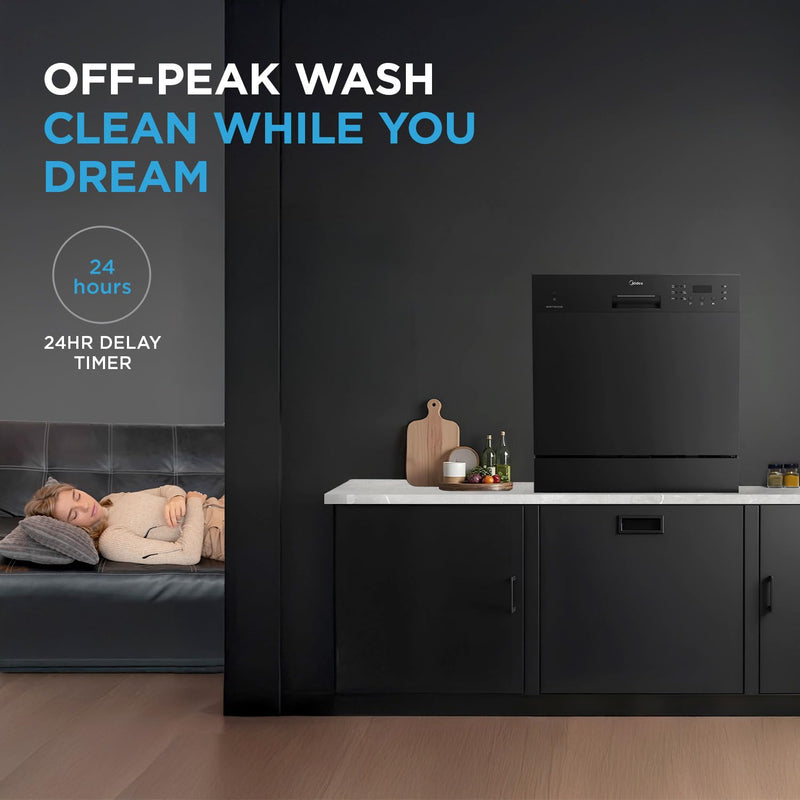 MIDEA 8 Place Setting Countertop Dishwasher (MDWTT0802D(B) IN, Black, 6 wash programs, Portable, anti-bacterial filter & Intensive 70 degree wash for Ultra Hygiene, 24 Hour Delay Timer)