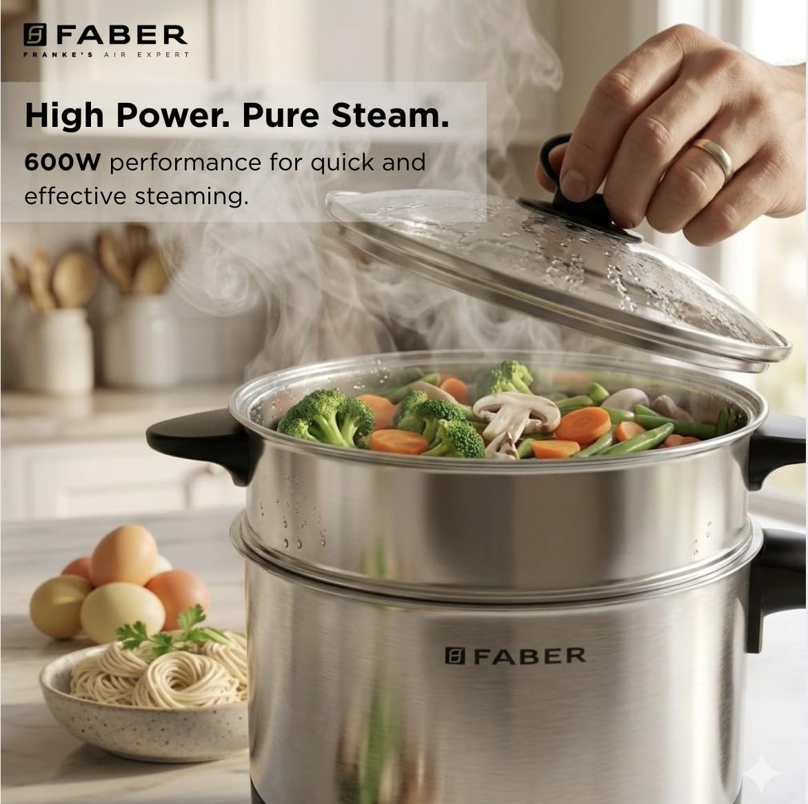 Faber 600W 1.2L Multi Cooker + Steamer|Cook Noodles, Rice, Soup, Baby Food, Boil Veggies & Eggs|Steam Momos|SS204 Container & Steamer, Egg Boiler Stand, Lid|Temp Control Knob|FMC1.2L PRO Steamer SS