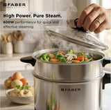 Faber 600W 1.2L Multi Cooker + Steamer|Cook Noodles, Rice, Soup, Baby Food, Boil Veggies & Eggs|Steam Momos|SS204 Container & Steamer, Egg Boiler Stand, Lid|Temp Control Knob|FMC1.2L PRO Steamer SS