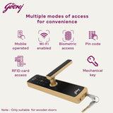 Godrej Smart Lock I Catus Connect I Digital Lock for Wooden Door | 5 in 1 Access I WiFi I Fingerprint I RFID Card I PIN Access I Mechanical Key I 3 Strong Locking Dead Bolts I Champagne Gold