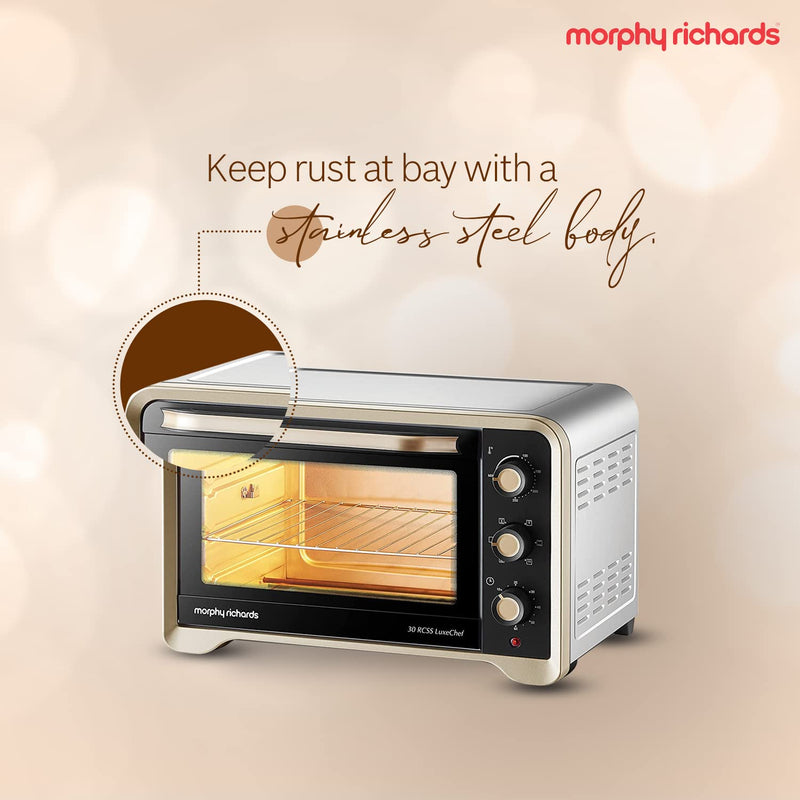 Morphy Richards 30Rcss Otg Oven For Kitchen 30 Litre Oven Toaster Griller Convection Fan&Rotisserie Function Stainless Steel Oven Temperature Control,Gold&Black,1600 Watts