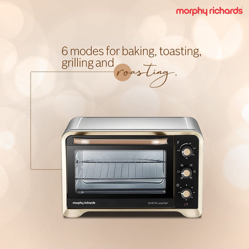 Morphy Richards 30Rcss Otg Oven For Kitchen 30 Litre Oven Toaster Griller Convection Fan&Rotisserie Function Stainless Steel Oven Temperature Control,Gold&Black,1600 Watts