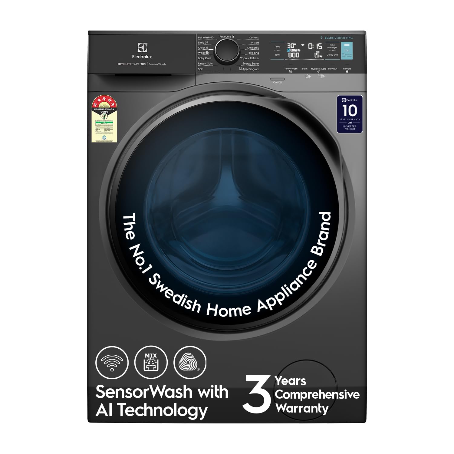 Electrolux 11kg 5 Star Front Load Washing Machine  AI SensorWash, WiFi, Full Load Vapour Wash, Hygienic Care, Woolmark, EcoInverter Motor, UltimateCare 700, EWF1142R7SB, Dark Silver
