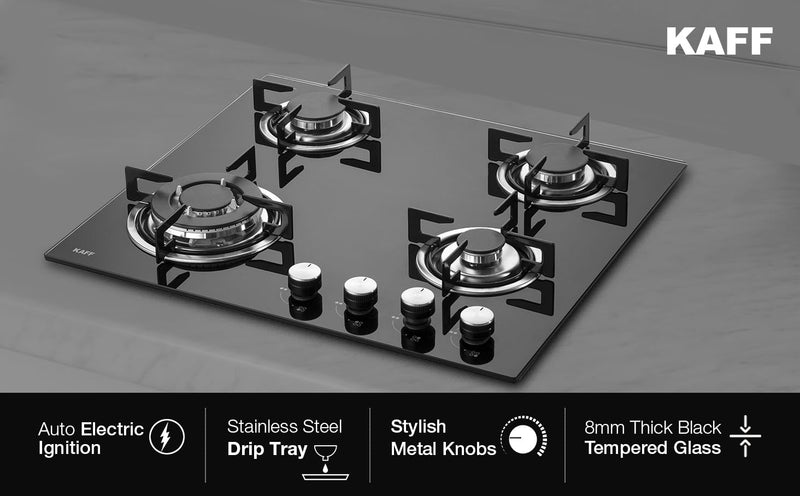 KAFF Built-in Hob/Hobtop 4 Burners, Auto Electric Ignition Glass Top, 60 CM, Italian Burner, Enamelled Matt Finish, Easy Grip Knobs, 8 MM Thick Toughened Glass Black(NE4B60GFX)