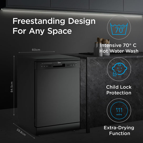 MIDEA 13 Place Setting Freestanding Dishwasher (MDWPF1301F(B), Black,7 wash program, Child Lock, Extra Dry & Intensive 70 degree wash, A++ Energy Efficient,Delay Timer, Half Load, Adjustable Basket)