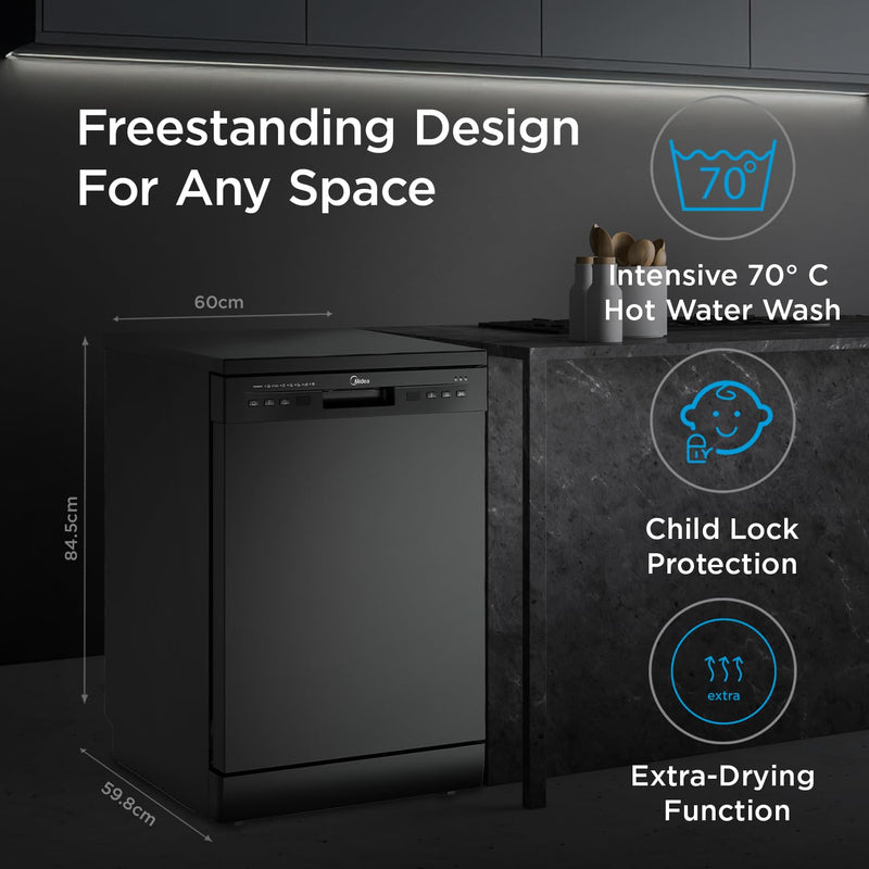 MIDEA 13 Place Setting Freestanding Dishwasher (MDWPF1301F(B)IN, Black,7 wash program, Child Lock, Extra Dry & Intensive 70 degree wash, A++ Energy Efficient,Delay Timer, Half Load, Adjustable Basket)