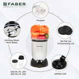 Faber 3-In-1 Sportz Blender |Chopping Jar, Smoothie & Grinding Jar (Wet & Dry)| Abs Body, Detachable Ss Blades, 400 Watts Motor, 1 Sipper Cap & 3 Lids, 2 Spill Proof Jars & 1 Chopping Bowl| (Silver)