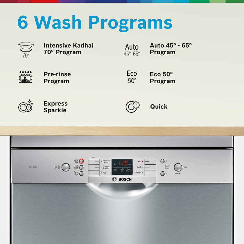 Bosch 13 Place Setting Dishwasher with Intensive Kadhai Program, No Pre-Rinse, 70? Hot water wash, Half Load Option & Extra Cutlery Box - (SMS66GI01I, Silver, Glass Protection Technology)