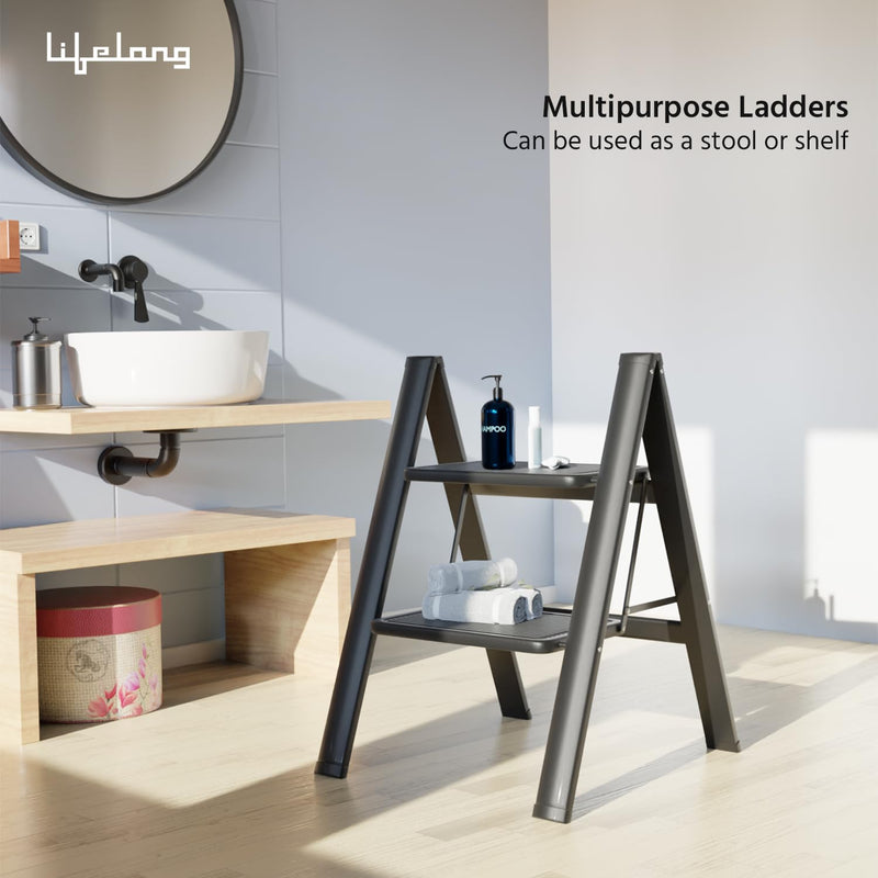 Lifelong 2 Steps Steel Ladder for Home, Foldable & Portable Stairs, Versatile Use for Kitchen, Bathroom & Office Foot Stool - Multipurpose Two Step St