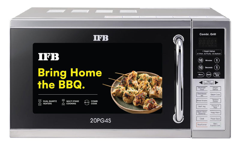 IFB 20L Grill Microwave Oven with 61 Standard Cook Menus (20PG4S, Silver, Multi-Stage Cooking, Steam Clean, Weight Defrost, Child Safety Lock, Micro + Grill Combi-cook)