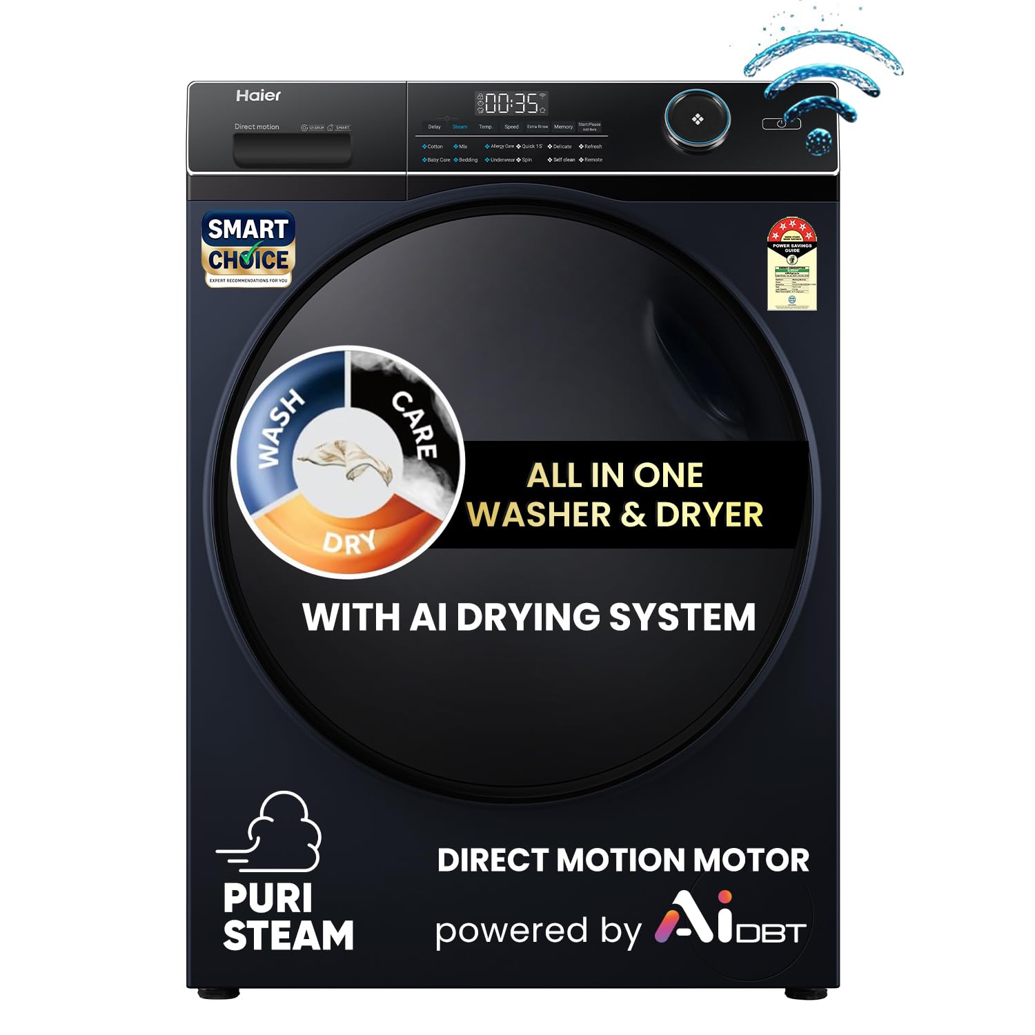 Haier 11 Kg (Wash) / 7 Kg (Dry), 5 Star, Powered by AI-DBT, Direct Drive Technology, Wifi, PuriSteam, I-Refresh, Front Load Fully Automatic Washer Dryer, (EFLD110-DM14IEICBKU1, In-built Heater,Black)