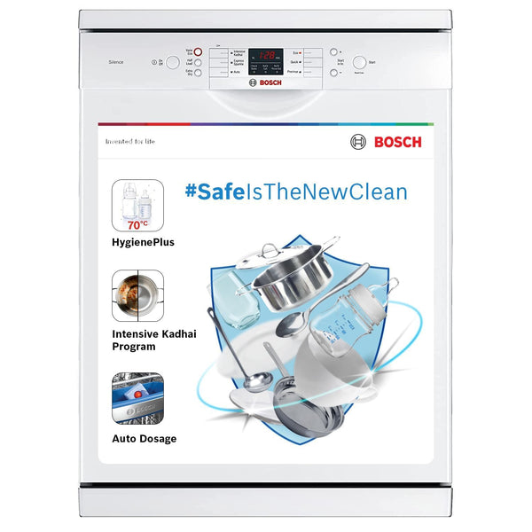 Bosch 13 Place Setting, EcoSilence Drive, Hygiene plus with Intensive Kadhai program, Adjustable Upper Rack Free Standing Dishwasher, World No.1 Brand in Dishwasher (SMS66GW01I, White, Inbuilt heater)