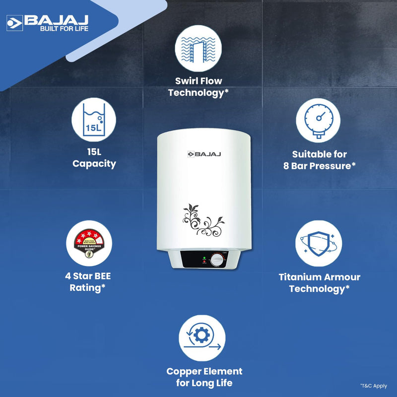 Bajaj Popular Plus 15L Storage Water Heater For Home|Star Rated Geyser For Bathroom|Special Inner Tank Coating|Waterproof Tech For Longer Product Life|Ensures 20% More Hot Water*|White