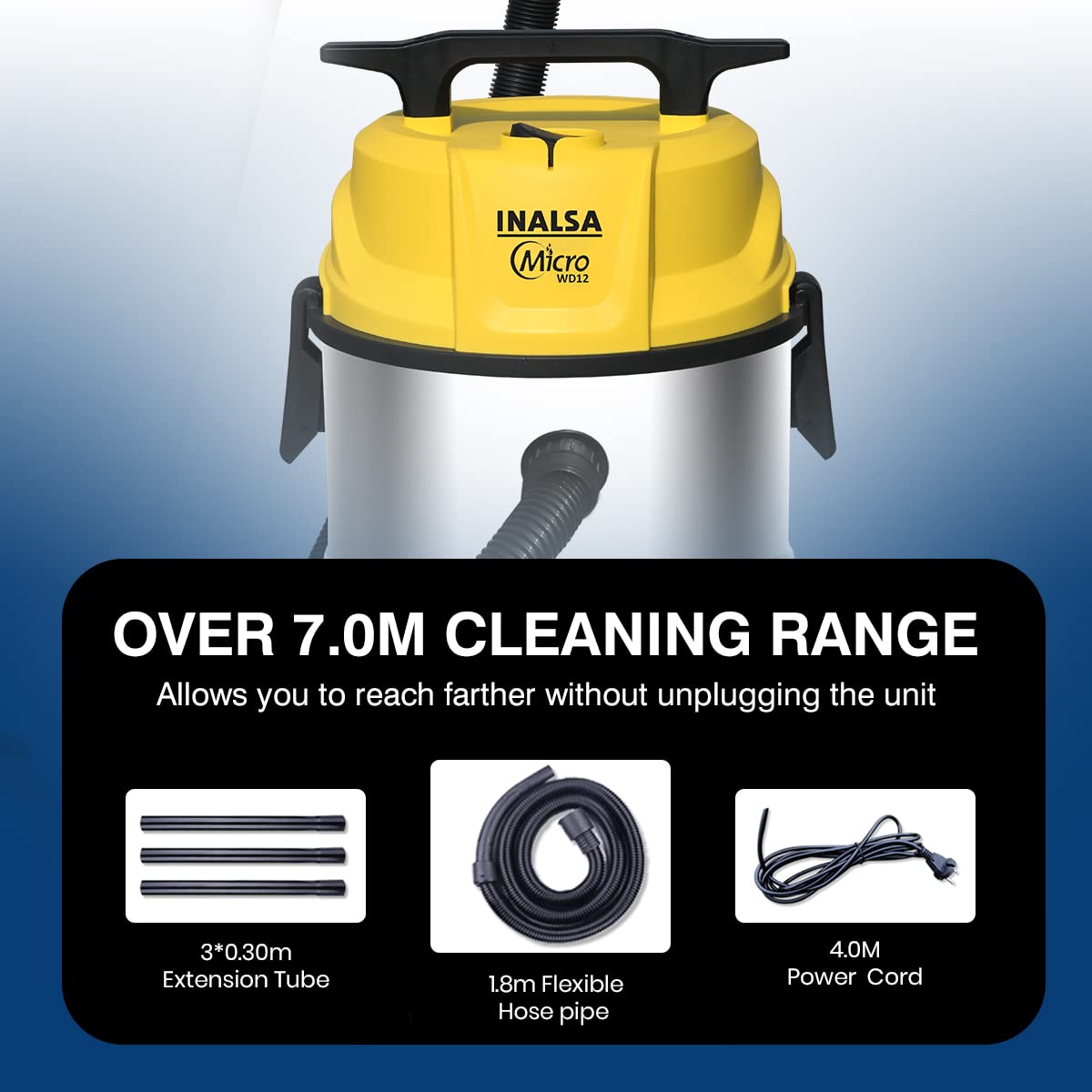 INALSA Wet and Dry Vacuum Cleaner for Home, 12 LTR Capacity,1200 W, 17 kPa Suction, Blower Function, Wet Vacuum Cleaner for Sofa, House Cleaning Machine,Stainless Steel Body (WD 12)