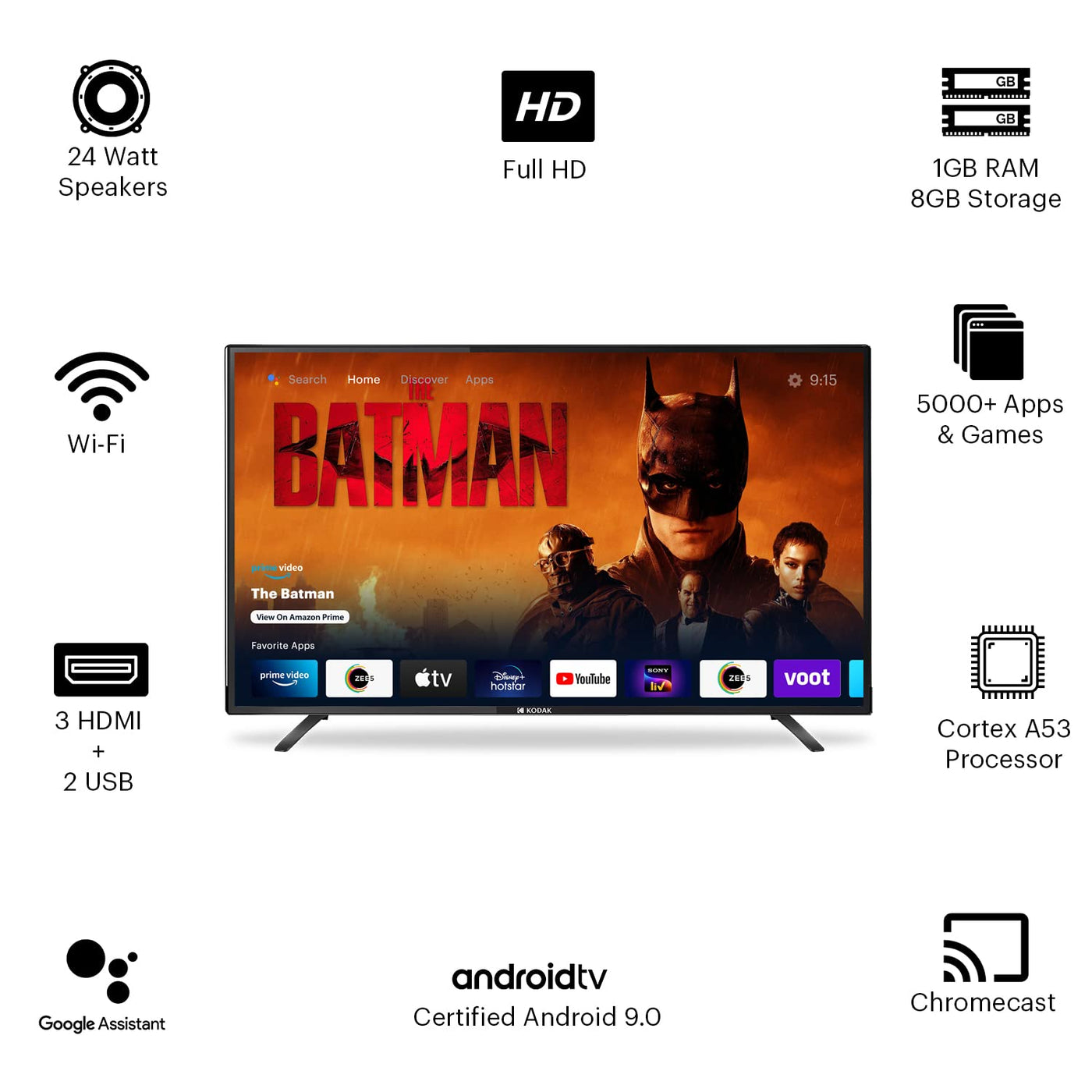 Kodak 32 Inch HD Ready Smart Android TV | 7XPRO, Chromecast, 24W
