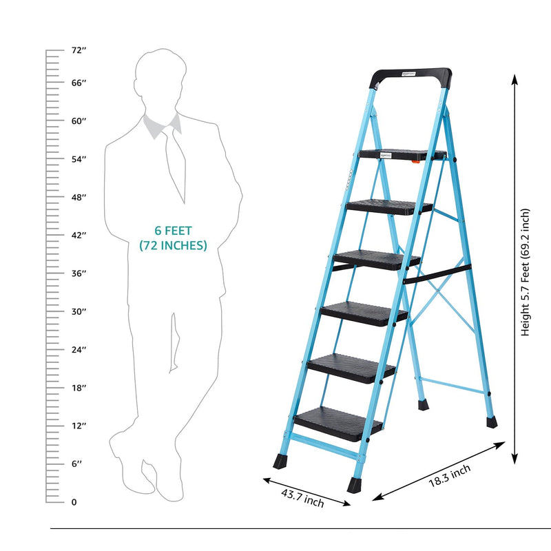 amazon basics - Foldable Step Ladder with Tool Tray, Safety-Clutch Lock, Ribbed Steps, Anti-Skid Rubber Shoes, 6 Steps (Iron Ladder, Black & Blue)