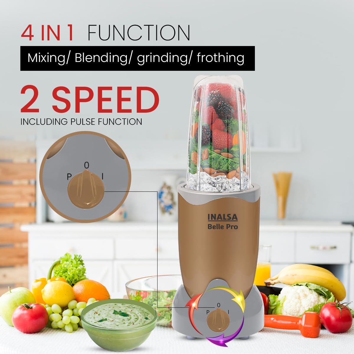 INALSA Bullet Belle Pro Mixer Grinder|5 Jar include 2 Storage Jar For Smothies,Coffee,Dry fruits & Wet Grinding|600 W, Copper Motor|3 Blades Including Froth Blade with 2 Sipper & 1 Seasoning Cap